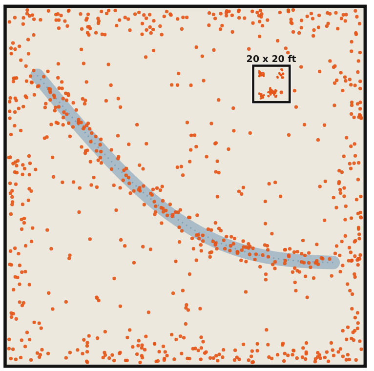 Full-field weed-detection map showing thousands of detections clustered along a waterway and scattered across the interior