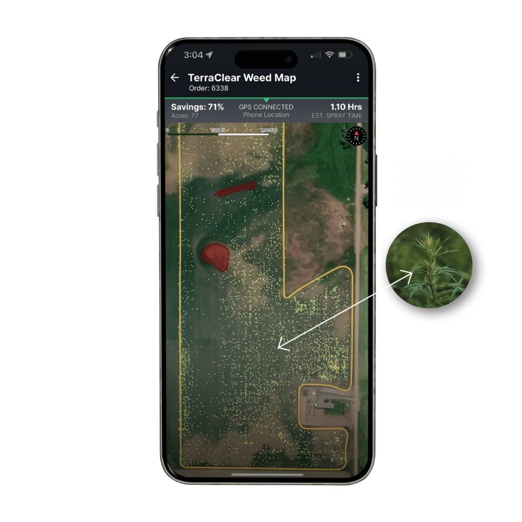 TerraClear Weed Map on iPhone with 1/4" weed callout