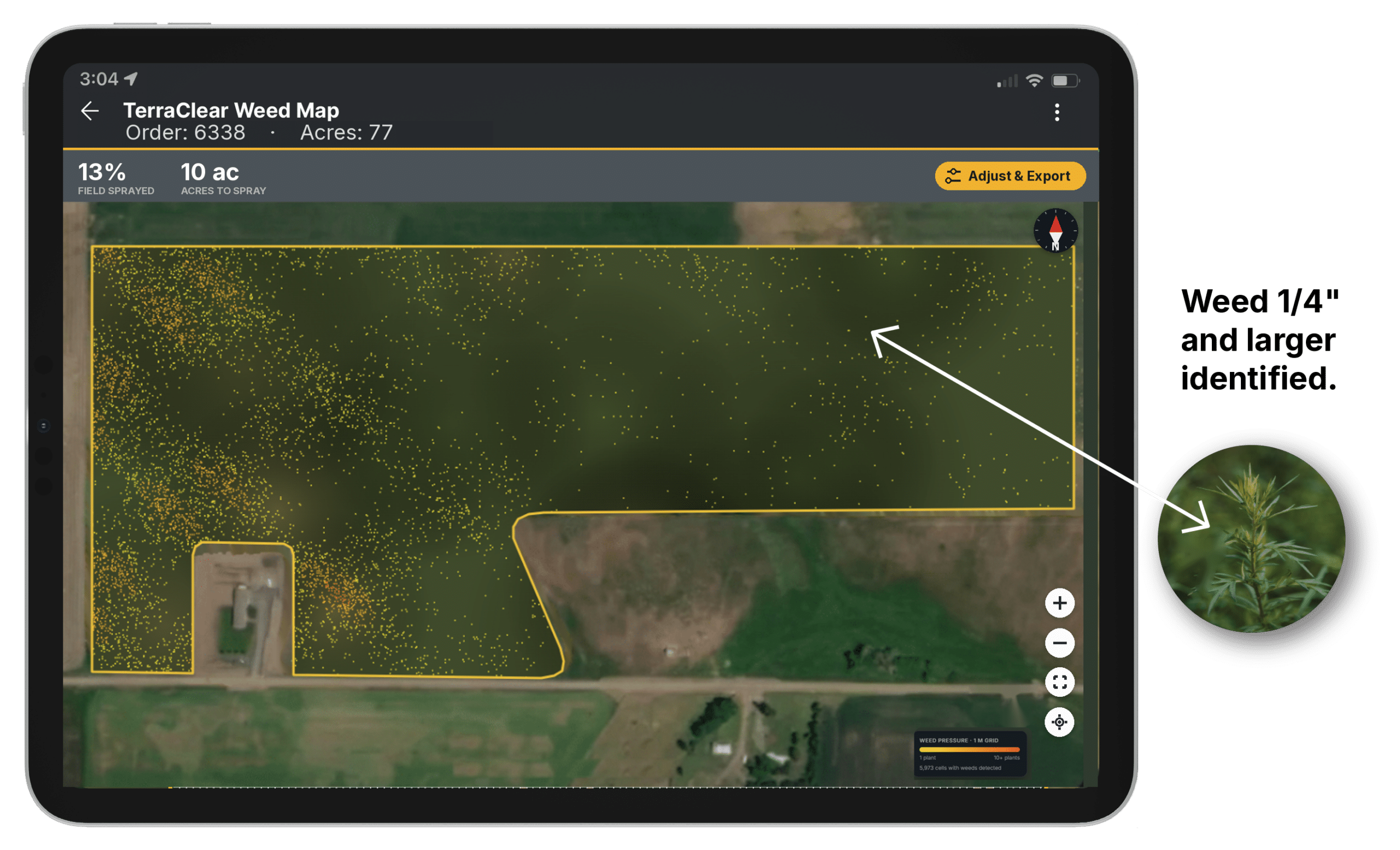 A TerraClear Weed Map on an iPad showing individual weeds down to a 1/4" in size