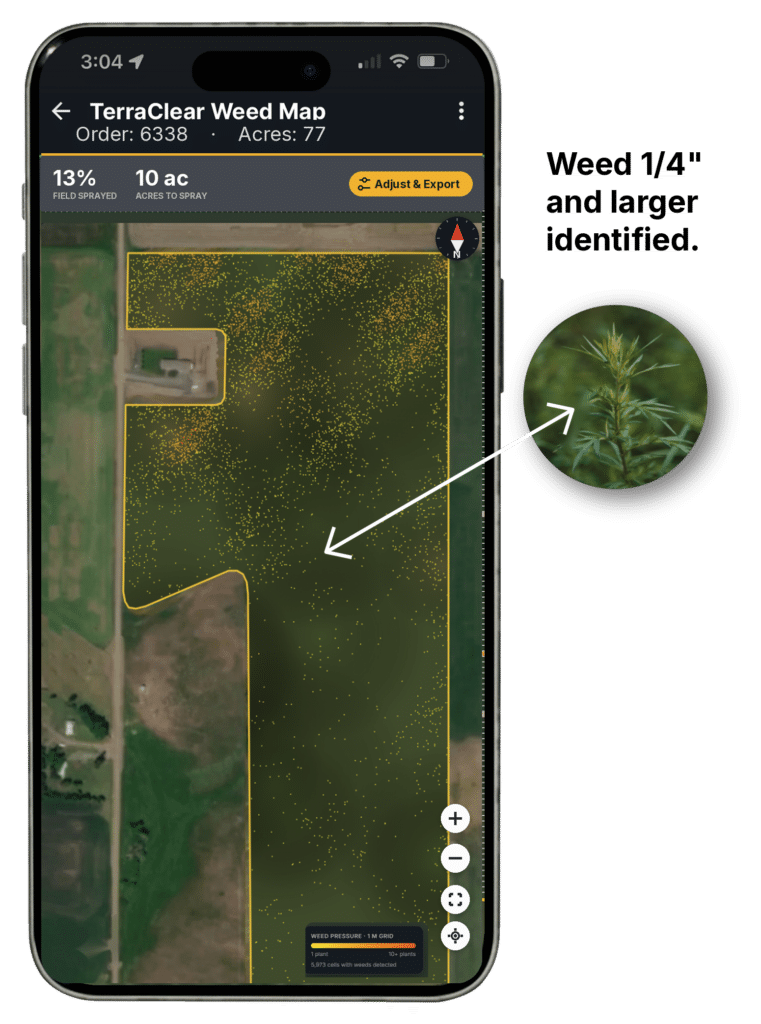 TerraClear Weed Map on iPhone showing 1/4" weed detected