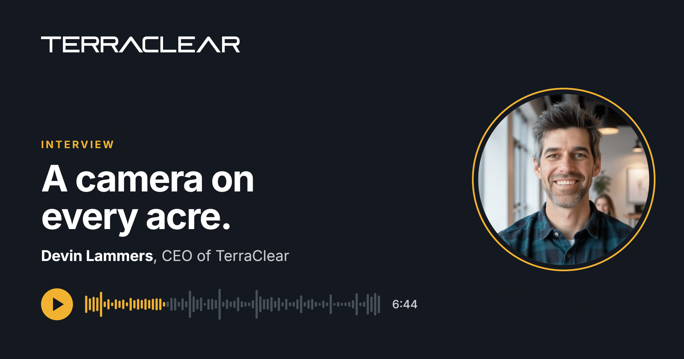 TerraClear interview title card reading "A camera on every acre," with a headshot of CEO Devin Lammers and an audio player showing a 6:44 run time.