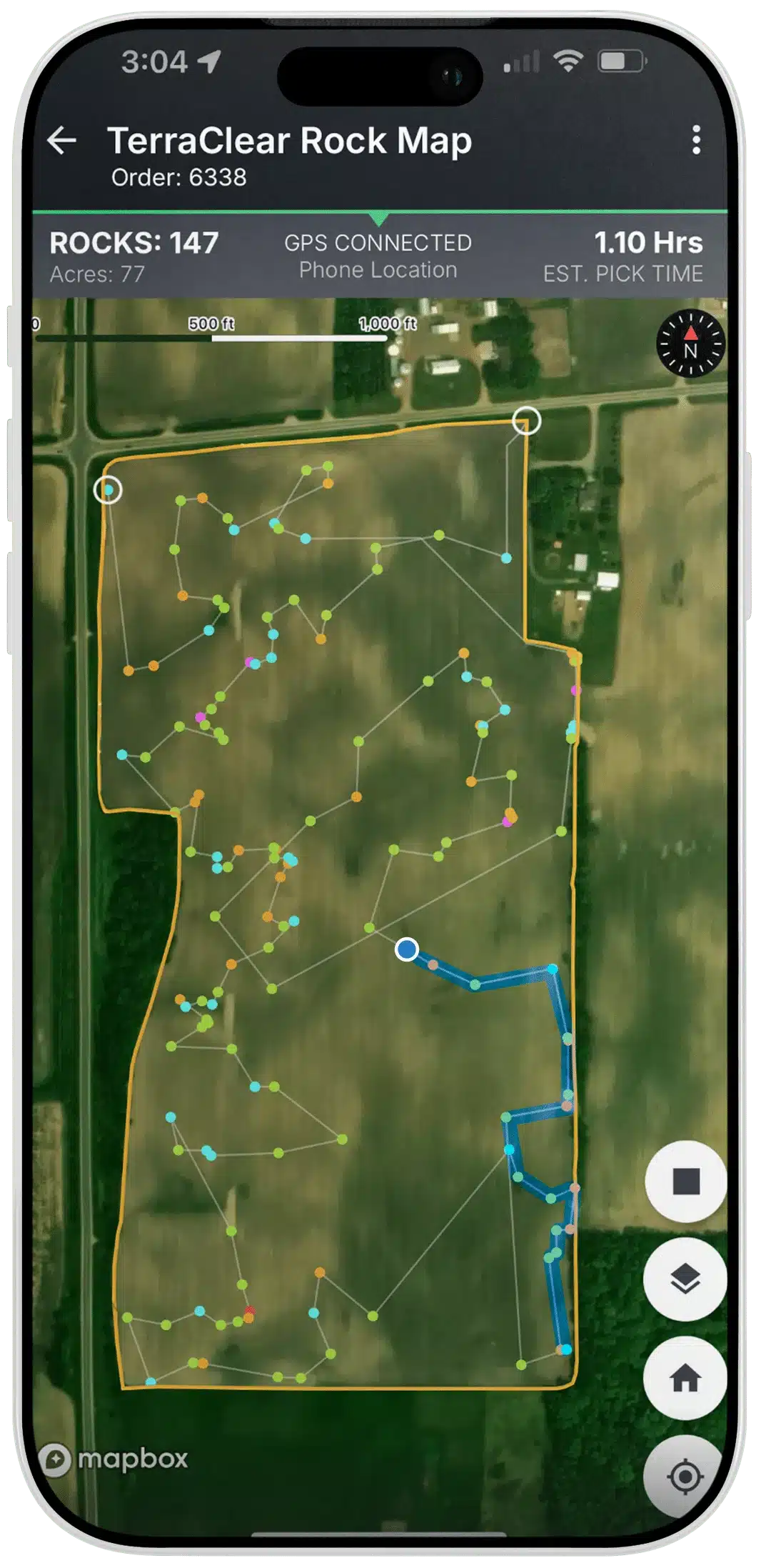 TerraClear Rock Map app showing color-coded rock pins and an optimized pick route across a 77-acre field