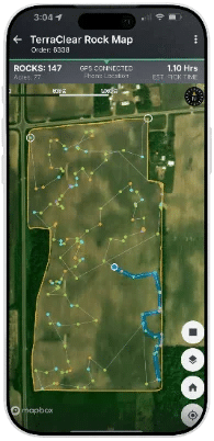 TerraClear Rock Map app on a phone showing 147 rocks mapped on a 72-acre field with a pick route