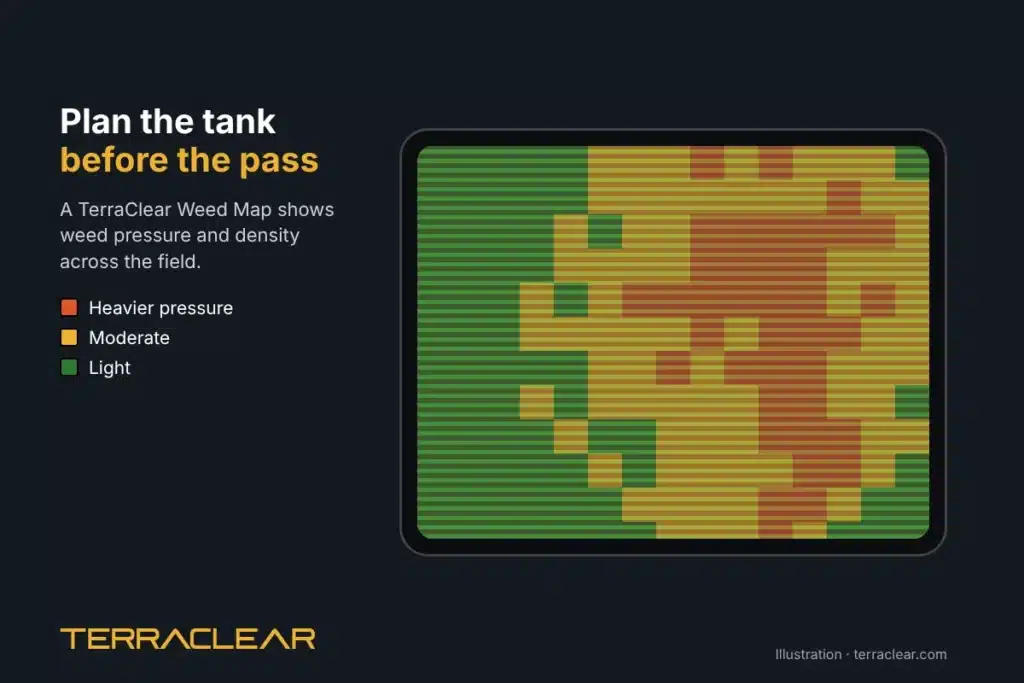 Illustration of a TerraClear Weed Map showing weed pressure across a corn field on a tablet