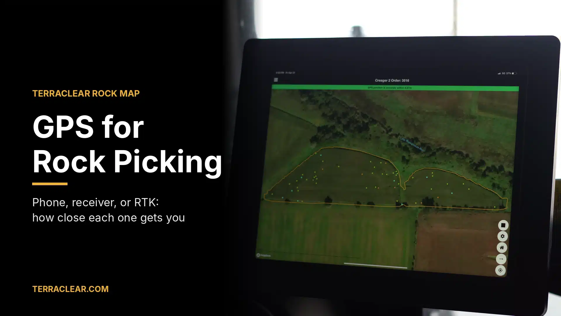 Tablet in a tractor cab showing a TerraClear Rock Map, used for GPS-guided rock picking