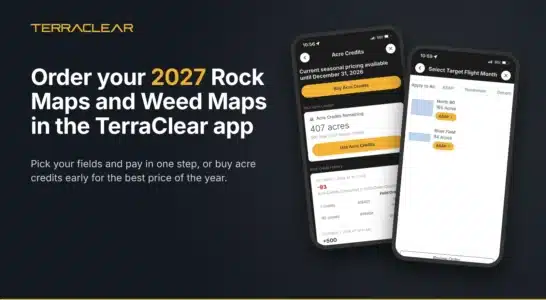 TerraClear app screens for how to order rock and weed maps for 2027, showing the acre credit dashboard and target flight month selection