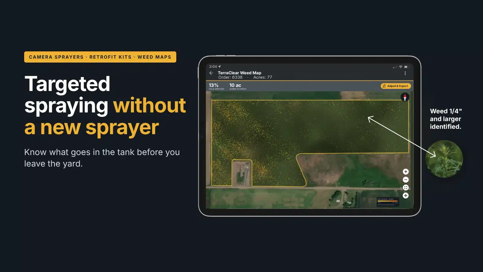Illustrated drone weed map of a crop field with weed patches and a before-the-pass panel showing weed pressure, weed density, and tank plan