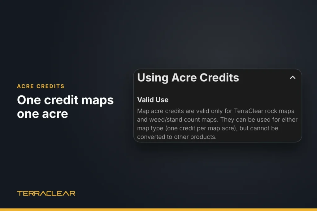 TerraClear app acre credit rules: one credit per map acre, valid for Rock Maps and Weed Maps with stand counts