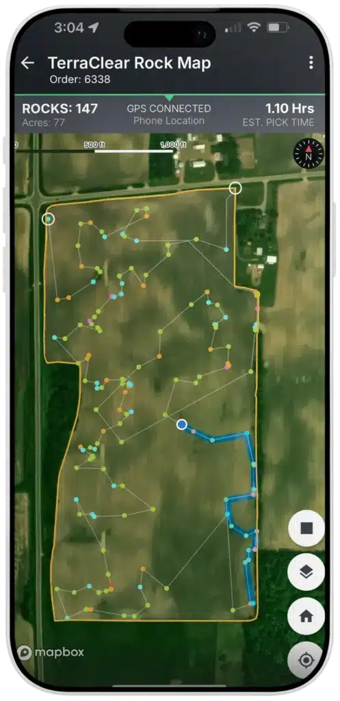 TerraClear Mobile on a phone showing a Rock Map with GPS connected and a suggested pick route