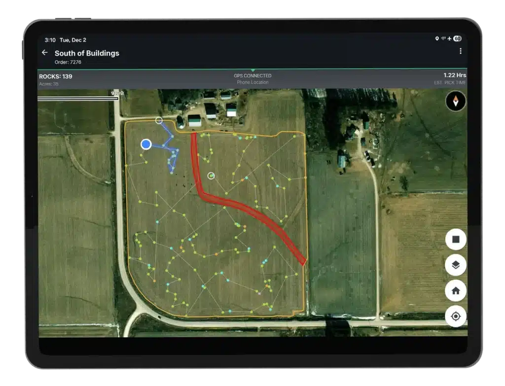 TerraClear Mobile on a tablet showing a Rock Map, GPS connection status, and traveled path.